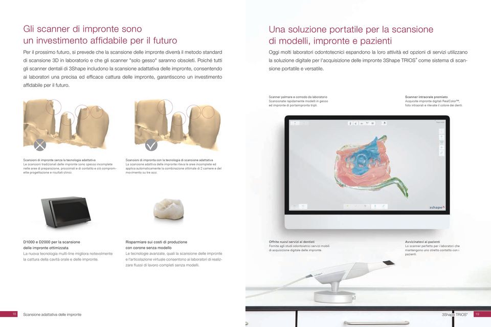 Poiché tutti gli scanner dentali di 3Shape includono la scansione adattativa delle impronte, consentendo ai laboratori una precisa ed efficace cattura delle impronte, garantiscono un investimento