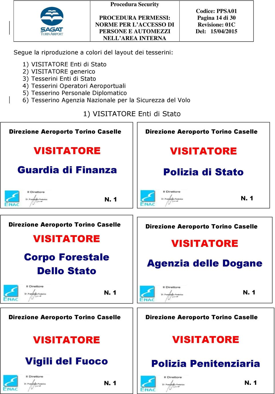 Guardia di Finanza Direzione Aeroporto Torino Caselle VISITATORE Polizia di Stato N. 1 N.