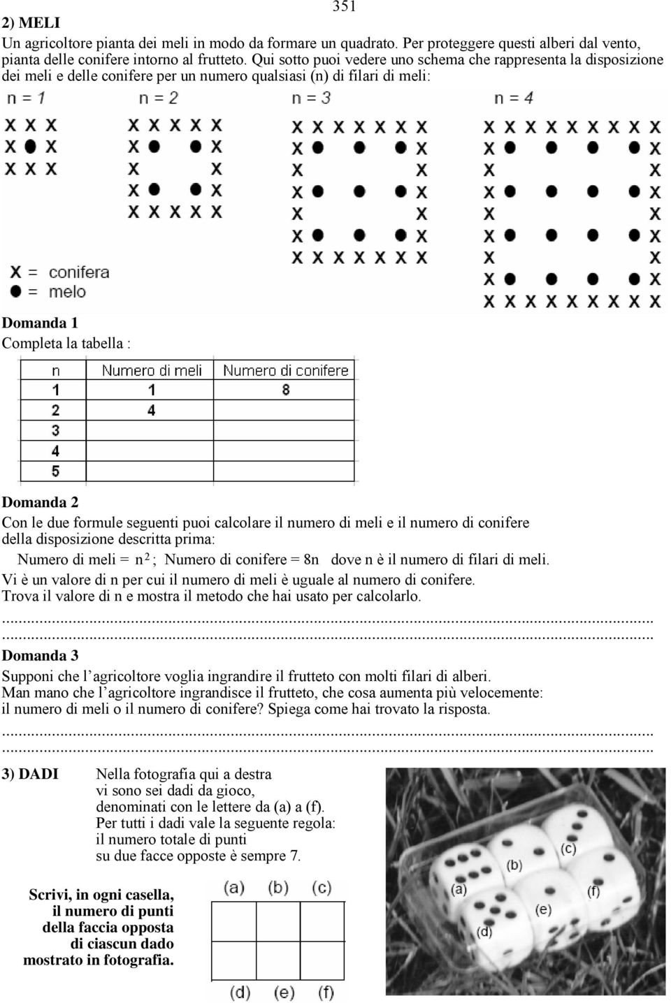 calcolare il numero di meli e il numero di conifere della disposizione descritta prima: Numero di meli = n 2 ; Numero di conifere = 8n dove n è il numero di filari di meli.