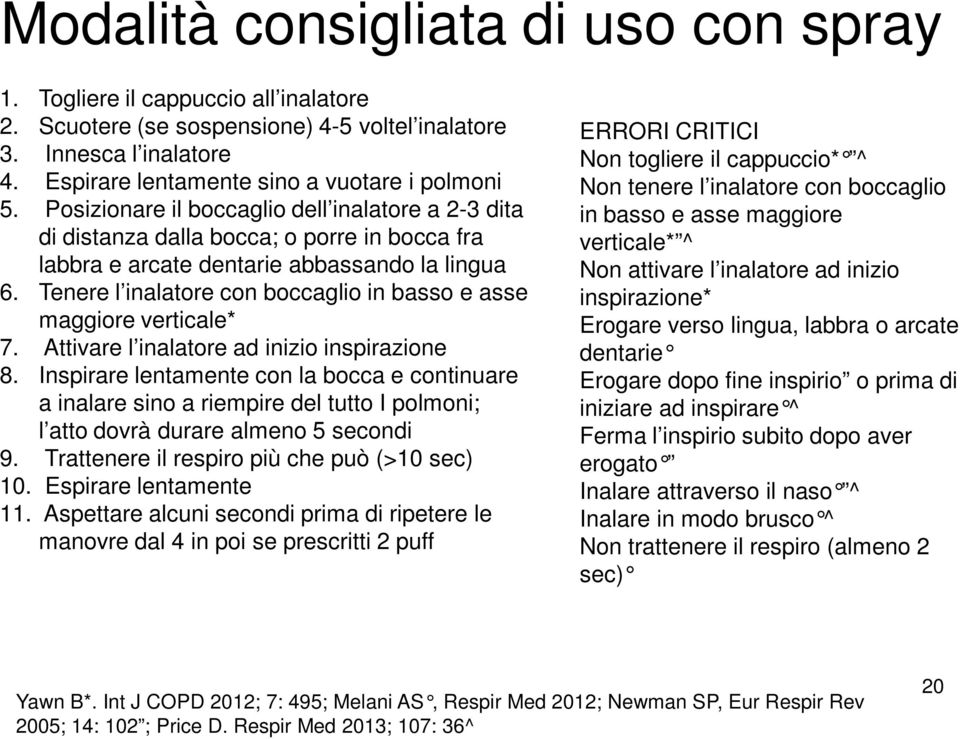 Tenere l inalatore con boccaglio in basso e asse maggiore verticale* 7. Attivare l inalatore ad inizio inspirazione 8.