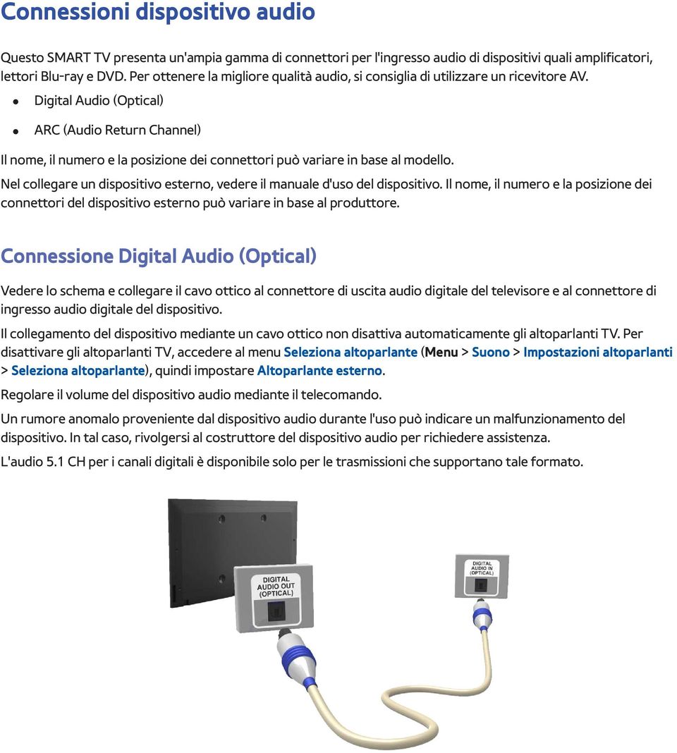 Digital Audio (Optical) ARC (Audio Return Channel) Il nome, il numero e la posizione dei connettori può variare in base al modello.