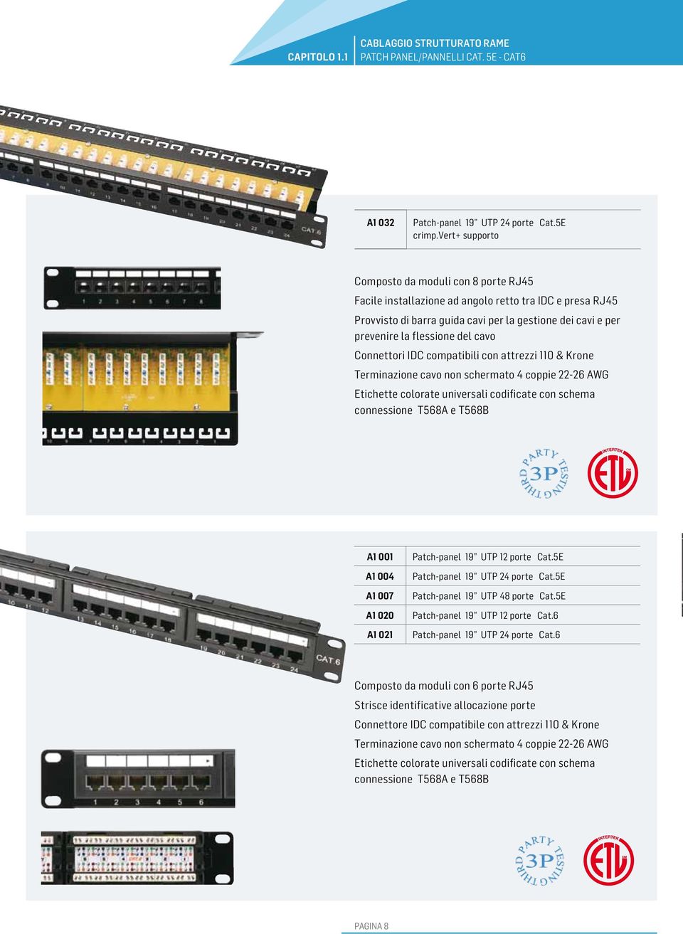 cavo Connettori IDC compatibili con attrezzi 110 & Krone Terminazione cavo non schermato 4 coppie 22-26 AWG Etichette colorate universali codificate con schema connessione T568A e T568B A1 001