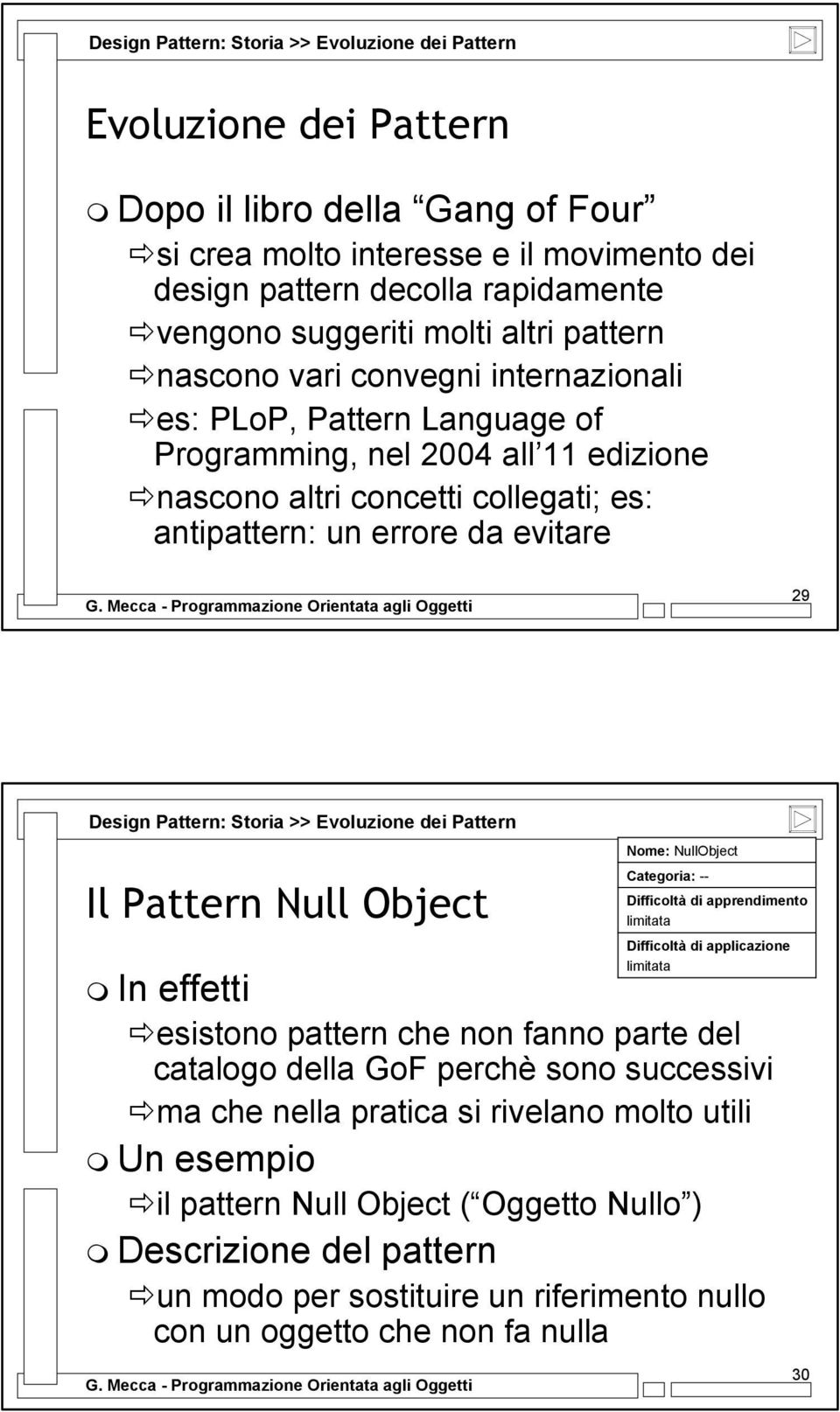 evitare 29 Design Pattern: Storia >> Evoluzione dei Pattern Il Pattern Null Object In effetti esistono pattern che non fanno parte del catalogo della GoF perchè sono successivi ma che nella pratica