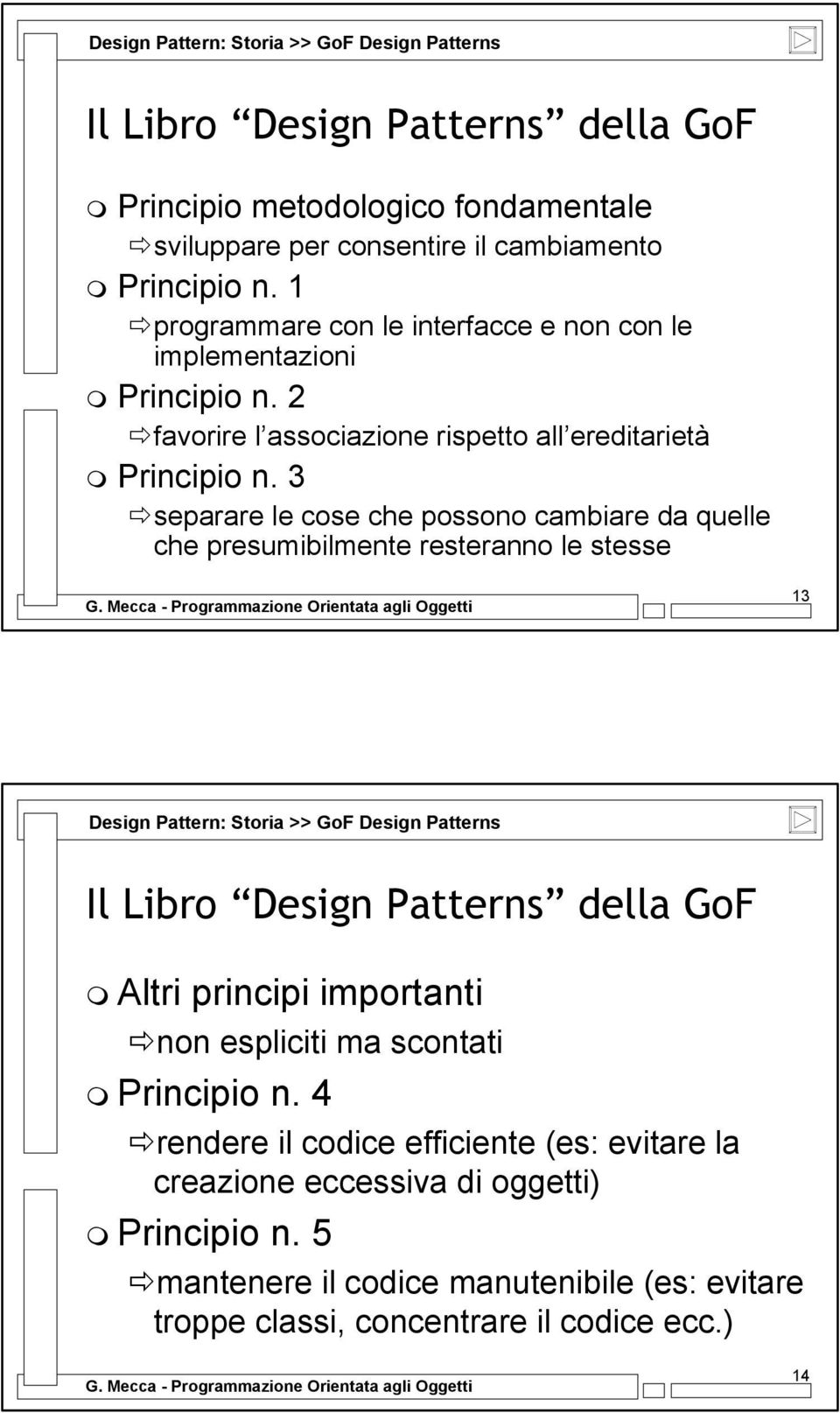 3 separare le cose che possono cambiare da quelle che presumibilmente resteranno le stesse 13 Design Pattern: Storia >> GoF Design Patterns Il Libro Design Patterns della GoF Altri