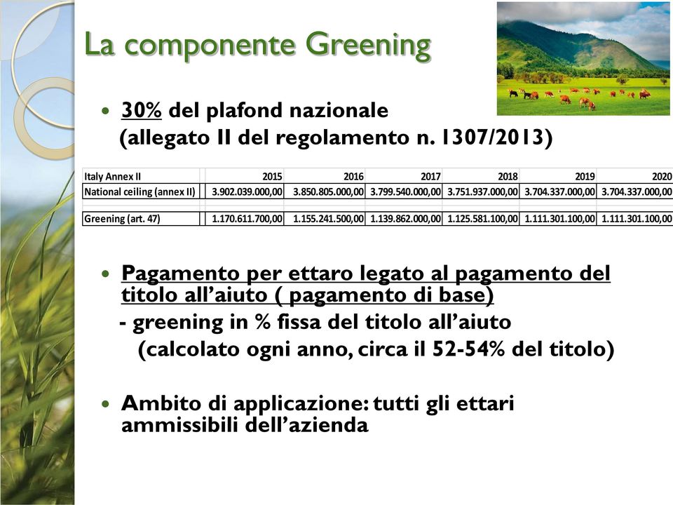 337.000,00 3.704.337.000,00 Greening (art. 47) 1.170.611.700,00 1.155.241.500,00 1.139.862.000,00 1.125.581.100,00 1.111.301.