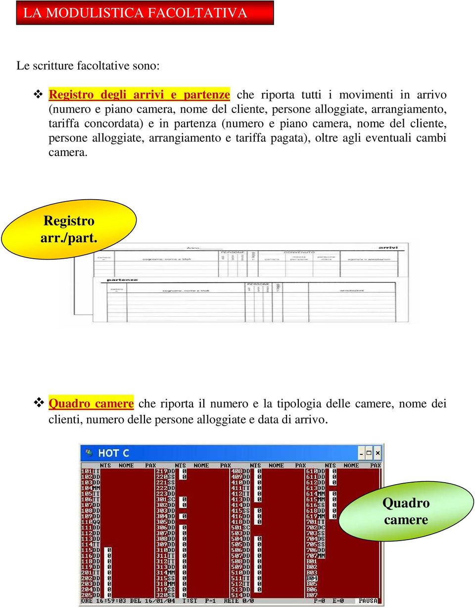 nome del cliente, persone alloggiate, arrangiamento e tariffa pagata), oltre agli eventuali cambi camera. Registro arr./part.