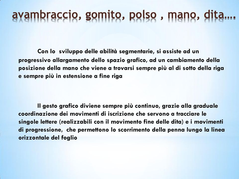 mano che viene a trovarsi sempre più al di sotto della riga e sempre più in estensione a fine riga Il gesto grafico diviene sempre più continuo,