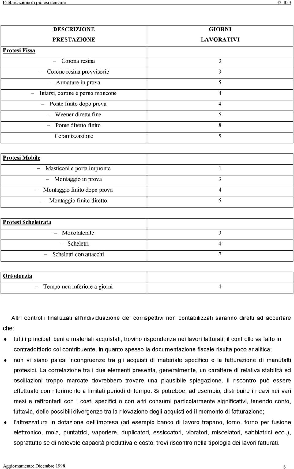 Scheletri 4 Scheletri con attacchi 7 Ortodonzia Tempo non inferiore a giorni 4 Altri controlli finalizzati all individuazione dei corrispettivi non contabilizzati saranno diretti ad accertare che: