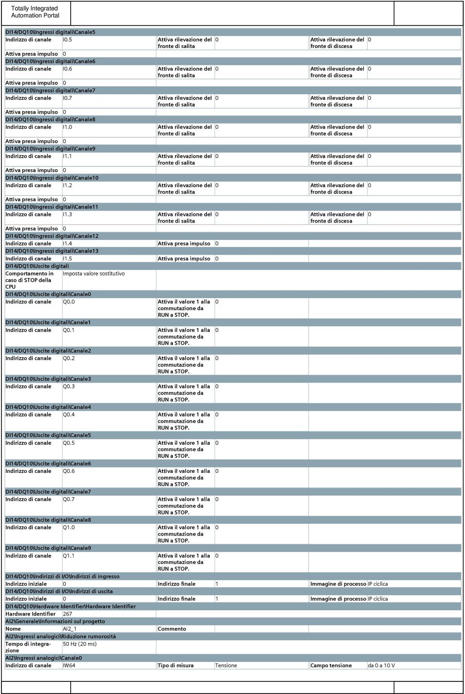 7 Attiva rilevazione del Attiva rilevazione del DI14/DQ1\Ingressi digitali\canale8 Indirizzo di canale I1.