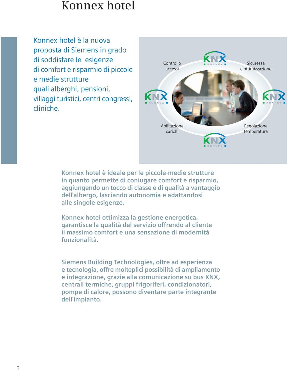 Controllo accessi Sicurezza e ottimizzazione Abilitazione carichi Regolazione temperatura Konnex hotel è ideale per le piccole-medie strutture in quanto permette di coniugare comfort e risparmio,