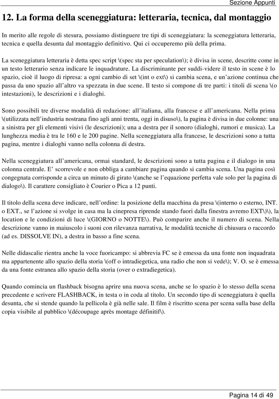 La sceneggiatura letteraria è detta spec script \(spec sta per speculation\); è divisa in scene, descritte come in un testo letterario senza indicare le inquadrature.