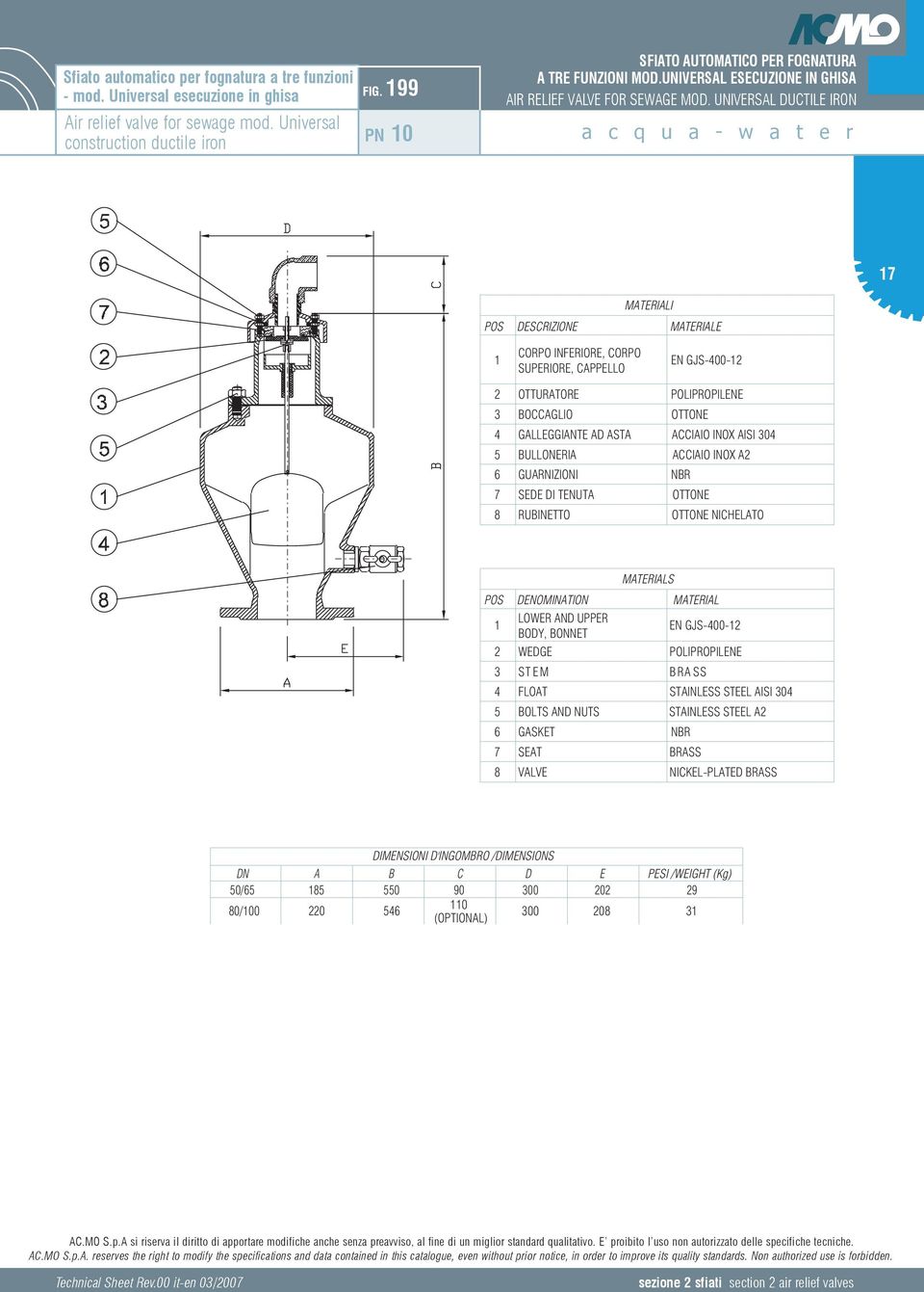 UNIVERSAL DUCTILE IRON a c q u a - w a t e r 17 MATERIALI POS DESCRIZIONE MATERIALE 1 CORPO INFERIORE, CORPO SUPERIORE, CAPPELLO EN GJS-400-12 2 OTTURATORE POLIPROPILENE 3 BOCCAGLIO OTTONE 4