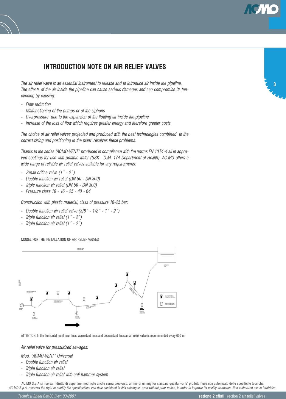 to the expansion of the floating air inside the pipeline - Increase of the loss of flow which requires greater energy and therefore greater costs The choice of air relief valves projected and