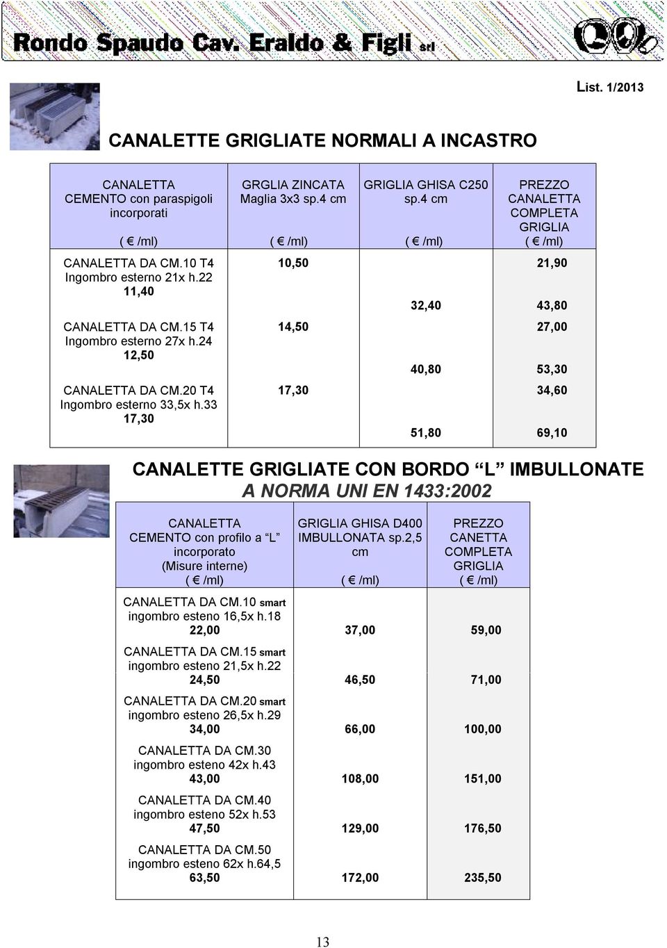 4 cm ( /ml) CANALETTA COMPLETA GRIGLIA ( /ml) 10,50 21,90 14,50 17,30 32,40 40,80 51,80 43,80 27,00 53,30 34,60 69,10 CANALETTE GRIGLIATE CON BORDO L IMBULLONATE A NORMA UNI EN 1433:2002 CANALETTA