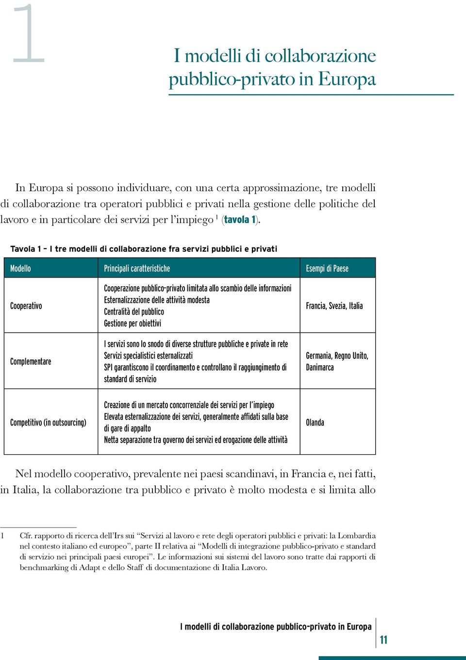 Tavola 1 I tre modelli di collaborazione fra servizi pubblici e privati Modello Principali caratteristiche Esempi di Paese Cooperativo Complementare Cooperazione pubblico-privato limitata allo