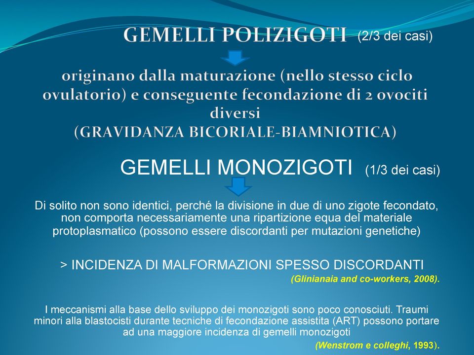 MALFORMAZIONI SPESSO DISCORDANTI (Glinianaia and co-workers, 2008). I meccanismi alla base dello sviluppo dei monozigoti sono poco conosciuti.