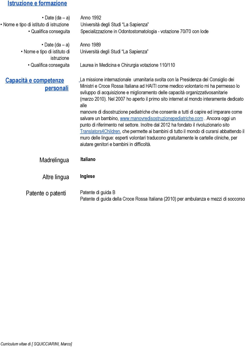 personali Madrelingua Altre lingua Patente o patenti La missione internazionale umanitaria svolta con la Presidenza del Consiglio dei Ministri e Croce Rossa Italiana ad HAITI come medico volontario
