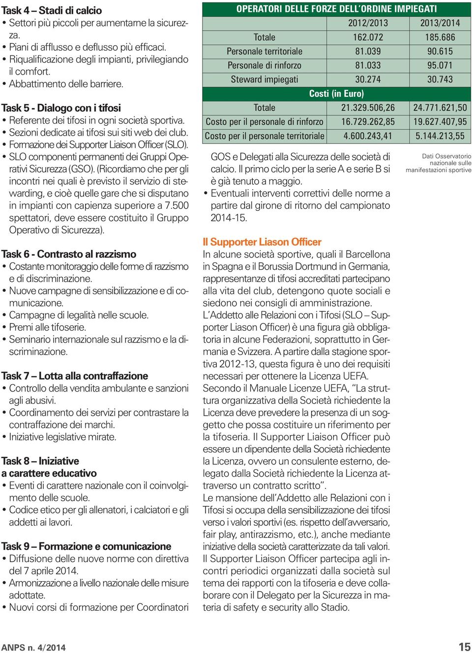 Formazione dei Supporter Liaison Officer (SLO). SLO componenti permanenti dei Gruppi Operativi Sicurezza (GSO).