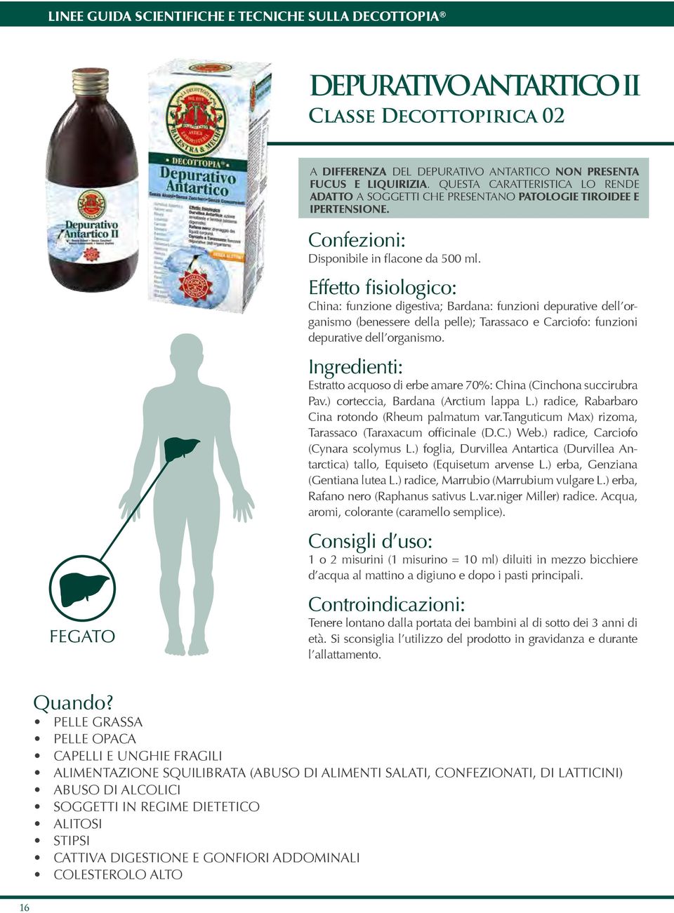 Effetto fisiologico: China: funzione digestiva; Bardana: funzioni depurative dell organismo (benessere della pelle); Tarassaco e Carciofo: funzioni depurative dell organismo.