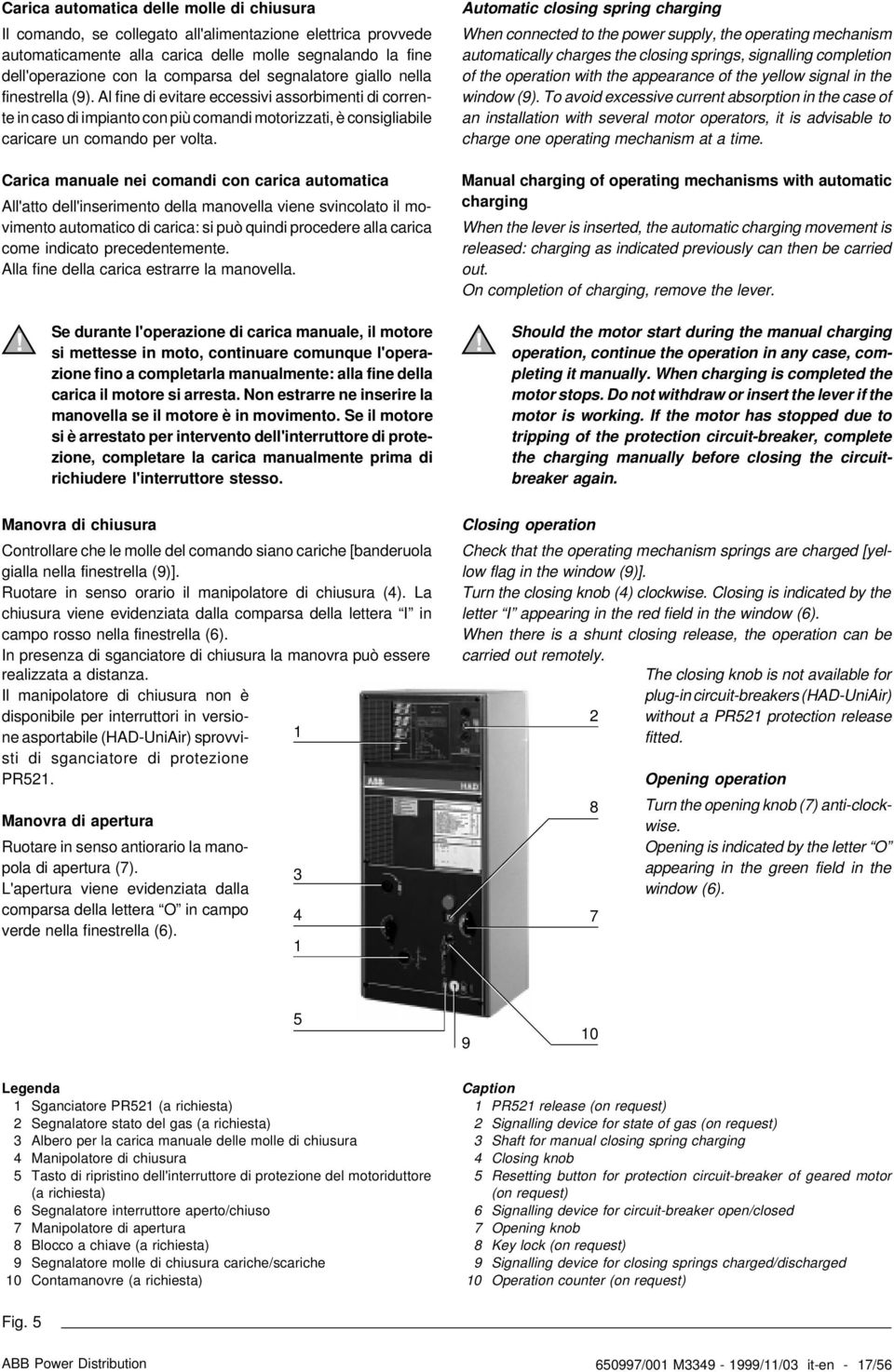 Carica manuale nei comandi con carica automatica All'atto dell'inserimento della manovella viene svincolato il movimento automatico di carica: si può quindi procedere alla carica come indicato