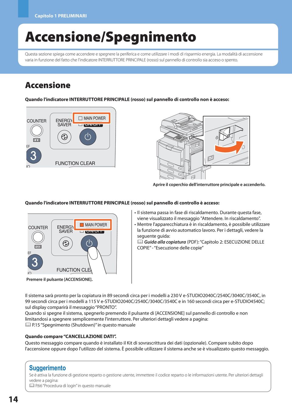 Accensione Quando l'indicatore INTERRUTTORE PRINCIPALE (rosso) sul pannello di controllo non è acceso: Aprire il coperchio dell'interruttore principale e accenderlo.