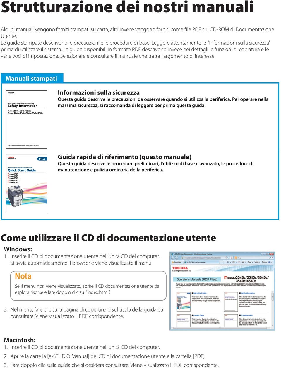 Le guide disponibili in formato PDF descrivono invece nei dettagli le funzioni di copiatura e le varie voci di impostazione. Selezionare e consultare il manuale che tratta l'argomento di interesse.