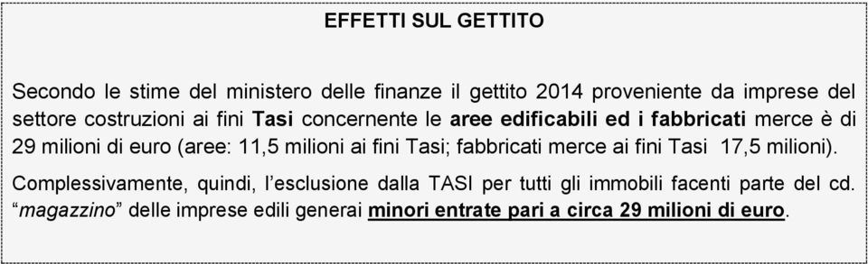 milioni ai fini Tasi; fabbricati merce ai fini Tasi 17,5 milioni).