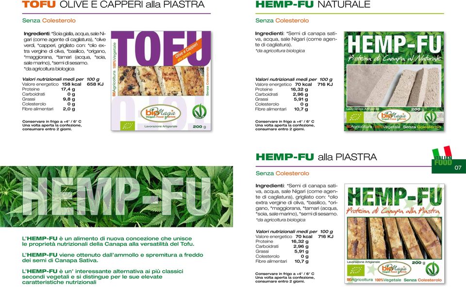 Valore energetico 158 kcal 658 KJ 17,4 g Carboidrati 9,8 g Fibre alimentari 2, HEMP-FU NATURALE Ingredienti: *Semi di canapa sativa, acqua, sale Nigari (come agente di cagliatura).