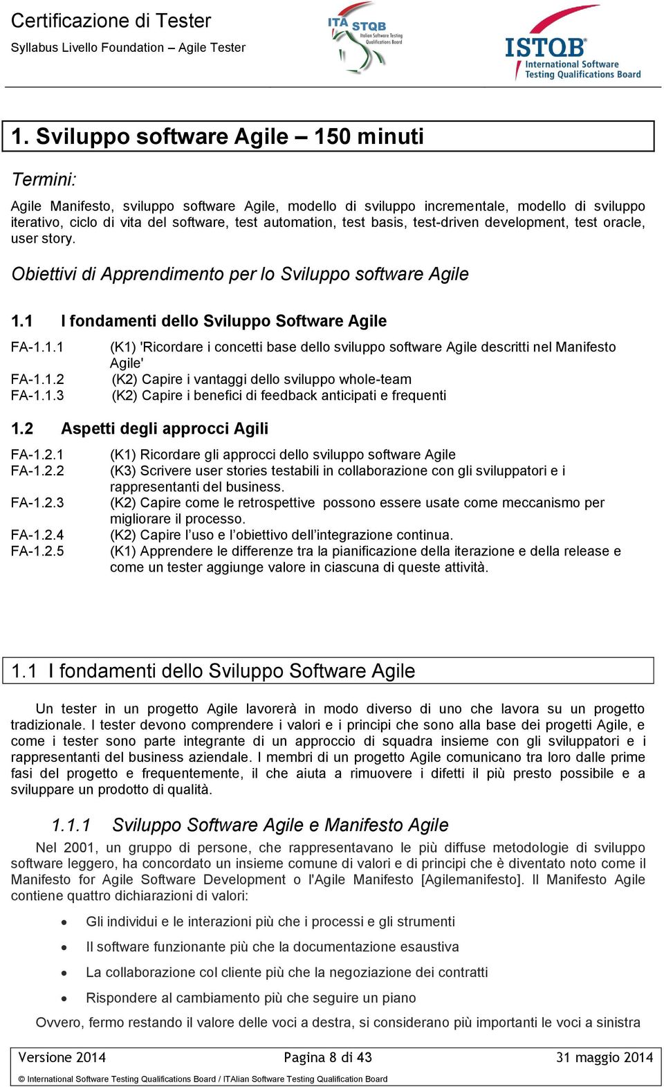 1 I fondamenti dello Sviluppo Software Agile FA-1.1.1 FA-1.1.2 FA-1.1.3 (K1) 'Ricordare i concetti base dello sviluppo software Agile descritti nel Manifesto Agile' (K2) Capire i vantaggi dello