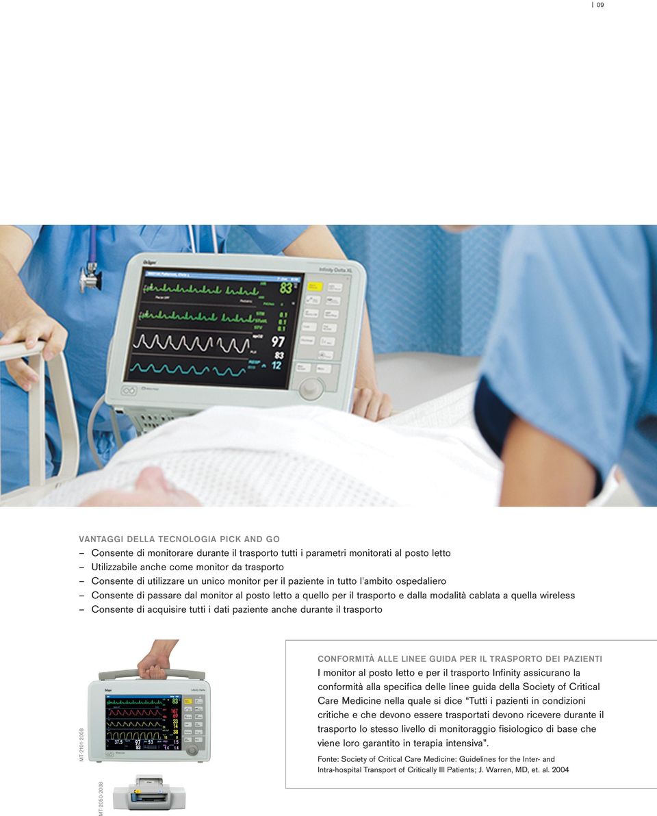 tutti i dati paziente anche durante il trasporto MT-2101-2008 CONFORMITÀ ALLE LINEE GUIDA PER IL TRASPORTO DEI PAZIENTI I monitor al posto letto e per il trasporto Infinity assicurano la conformità