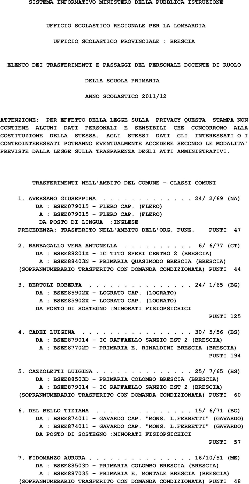 COSTITUZIONE DELLA STESSA. AGLI STESSI DATI GLI INTERESSATI O I CONTROINTERESSATI POTRANNO EVENTUALMENTE ACCEDERE SECONDO LE MODALITA' PREVISTE DALLA LEGGE SULLA TRASPARENZA DEGLI ATTI AMMINISTRATIVI.