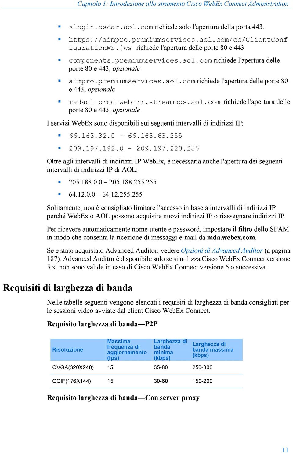 streamops.aol.com richiede l'apertura delle porte 80 e 443, opzionale I servizi WebEx sono disponibili sui seguenti intervalli di indirizzi IP: 66.163.32.0 66.163.63.255 209.197.192.0-209.197.223.