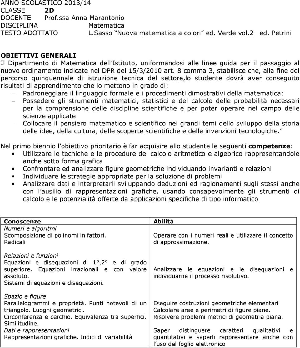 8 comma 3, stabilisce che, alla fine del percorso quinquennale di istruzione tecnica del settore,lo studente dovrà aver conseguito risultati di apprendimento che lo mettono in grado di: Padroneggiare