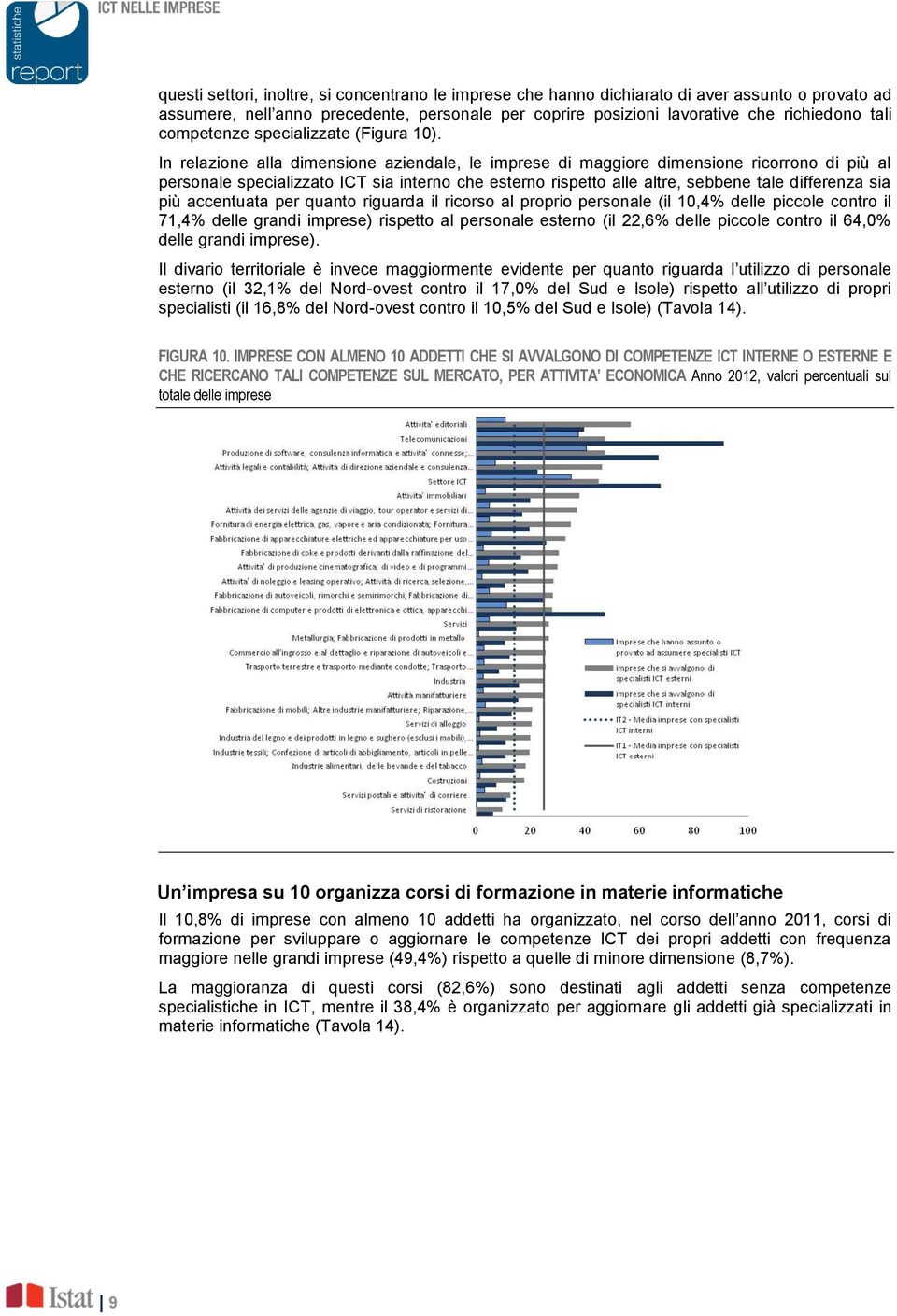 In relazione alla dimensione aziendale, le imprese di maggiore dimensione ricorrono di più al personale specializzato ICT sia interno che esterno rispetto alle altre, sebbene tale differenza sia più