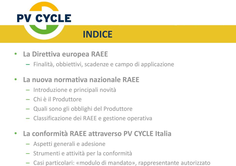Classificazione dei RAEE e gestione operativa La conformità RAEE attraverso PV CYCLE Italia Aspetti generali