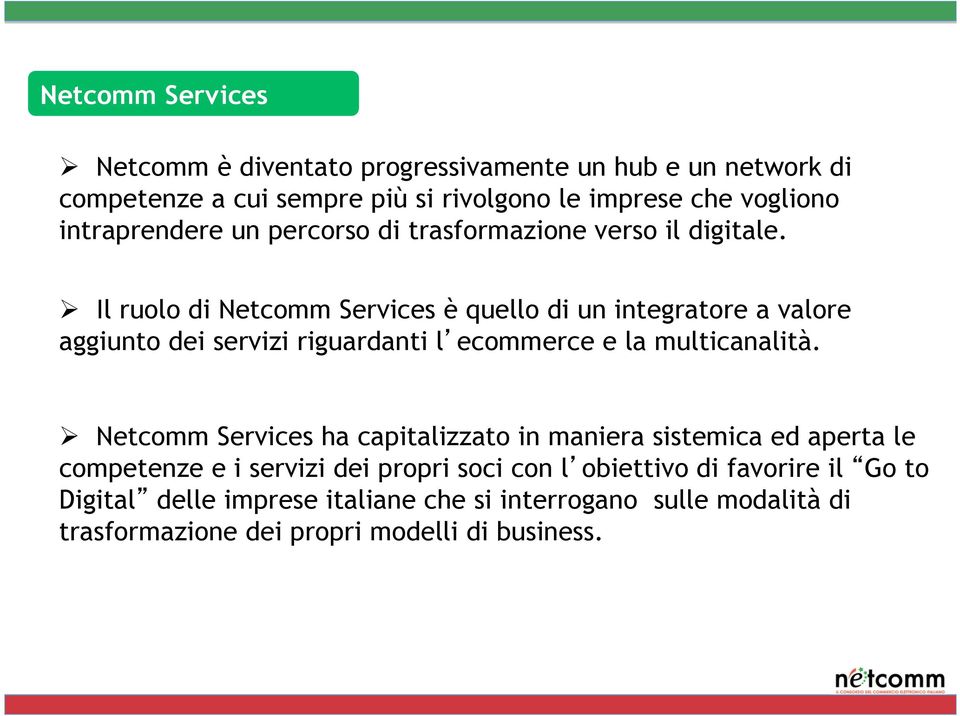 Ø Il ruolo di Netcomm Services è quello di un integratore a valore aggiunto dei servizi riguardanti l ecommerce e la multicanalità.