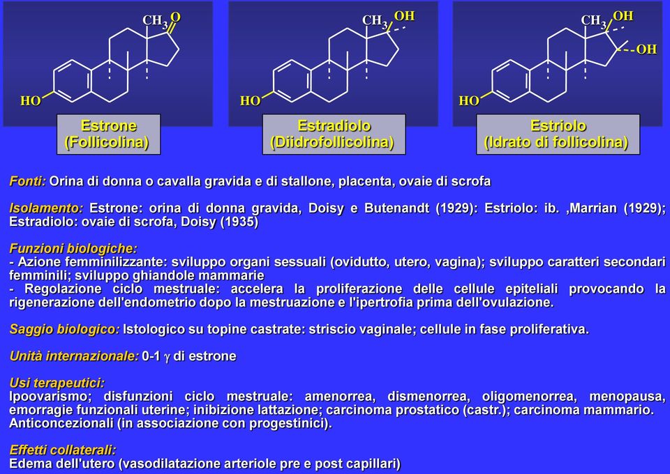 ,marrian (1929); Estradiolo: ovaie di scrofa, Doisy (1935) Funzioni biologiche: Azione femminilizzante: sviluppo organi sessuali (ovidutto, utero, vagina); sviluppo caratteri secondari femminili;