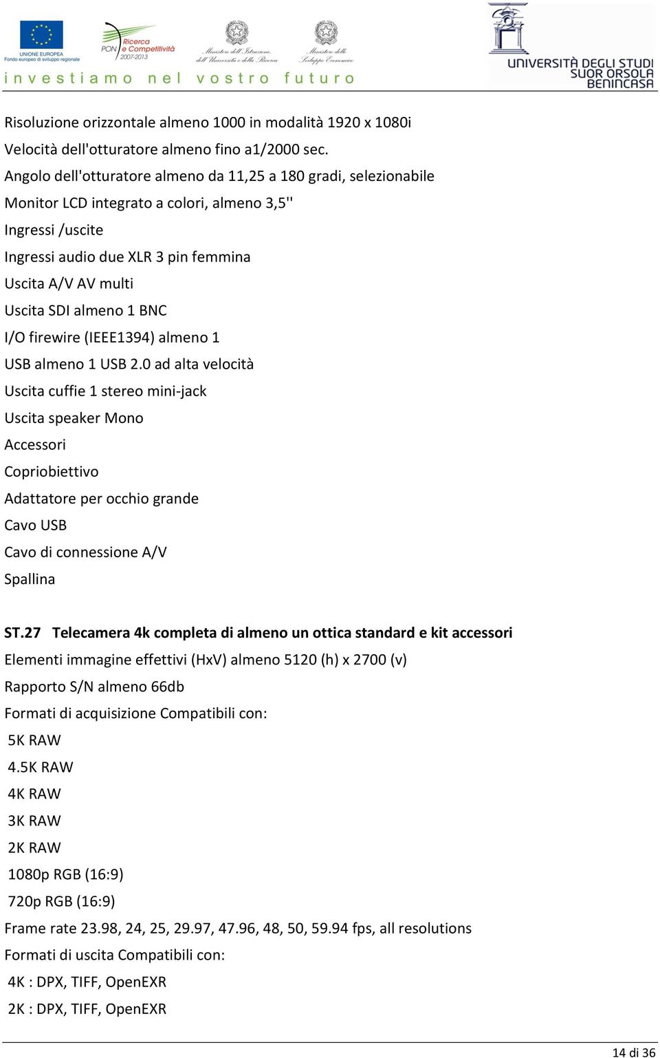 almeno 1 BNC I/O firewire (IEEE1394) almeno 1 USB almeno 1 USB 2.