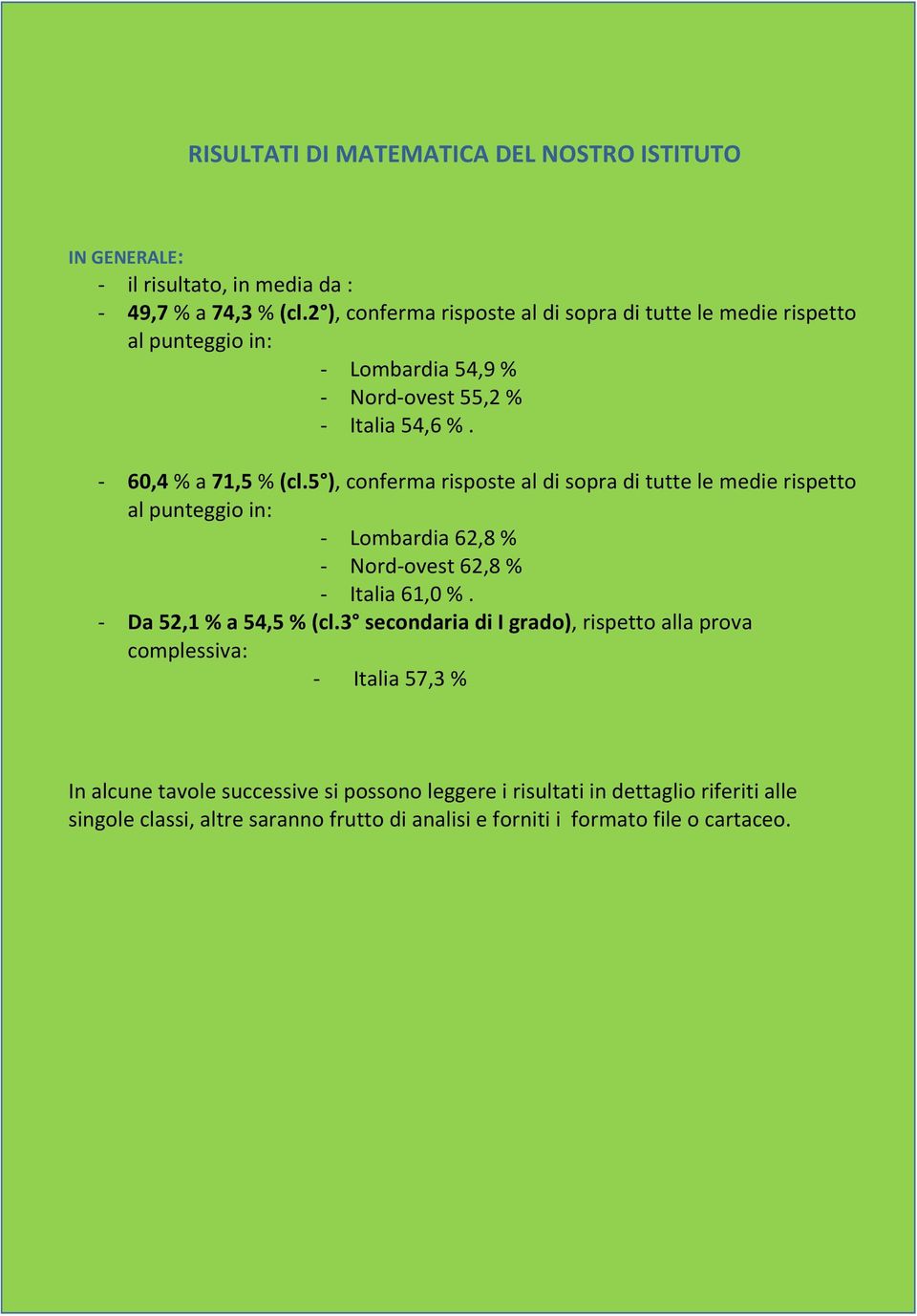 5 ), conferma risposte al di sopra di tutte le medie rispetto al punteggio in: - Lombardia 62,8 % - Nord-ovest 62,8 % - Italia 61,0 %. - Da 52,1 % a 54,5 % (cl.