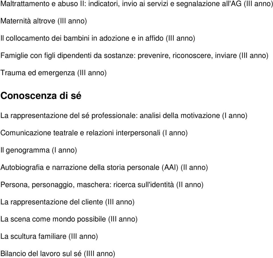 motivazione (I anno) Comunicazione teatrale e relazioni interpersonali (I anno) Il genogramma (I anno) Autobiografia e narrazione della storia personale (AAI) (II anno) Persona,