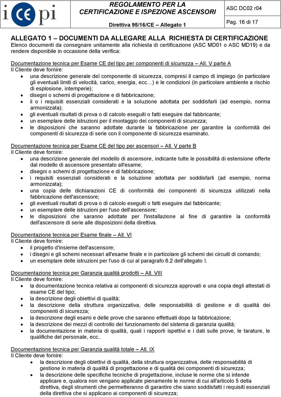 occasione della verifica: Documentazione tecnica per Esame CE del tipo per componenti di sicurezza All.