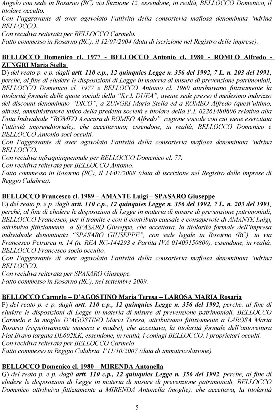 Fatto commesso in Rosarno (RC), il 12/07/2004 (data di iscrizione nel Registro delle imprese). BELLOCCO Domenico cl. 1977 - BELLOCCO Antonio cl.