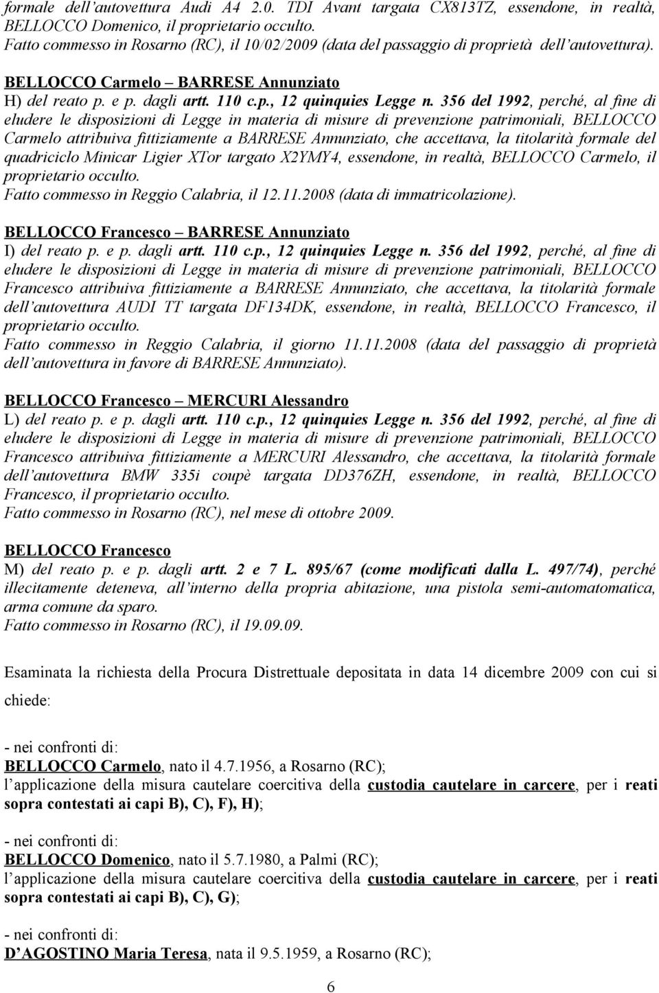 356 del 1992, perché, al fine di eludere le disposizioni di Legge in materia di misure di prevenzione patrimoniali, BELLOCCO Carmelo attribuiva fittiziamente a BARRESE Annunziato, che accettava, la