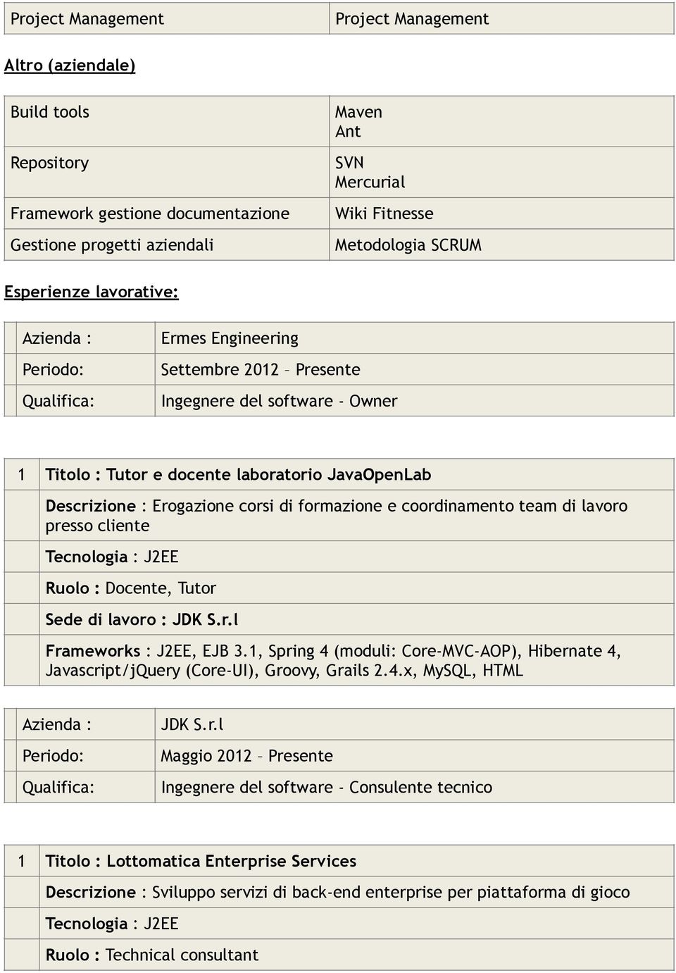 Erogazione corsi di formazione e coordinamento team di lavoro presso cliente Ruolo : Docente, Tutor Sede di lavoro : JDK S.r.l Frameworks : J2EE, EJB 3.