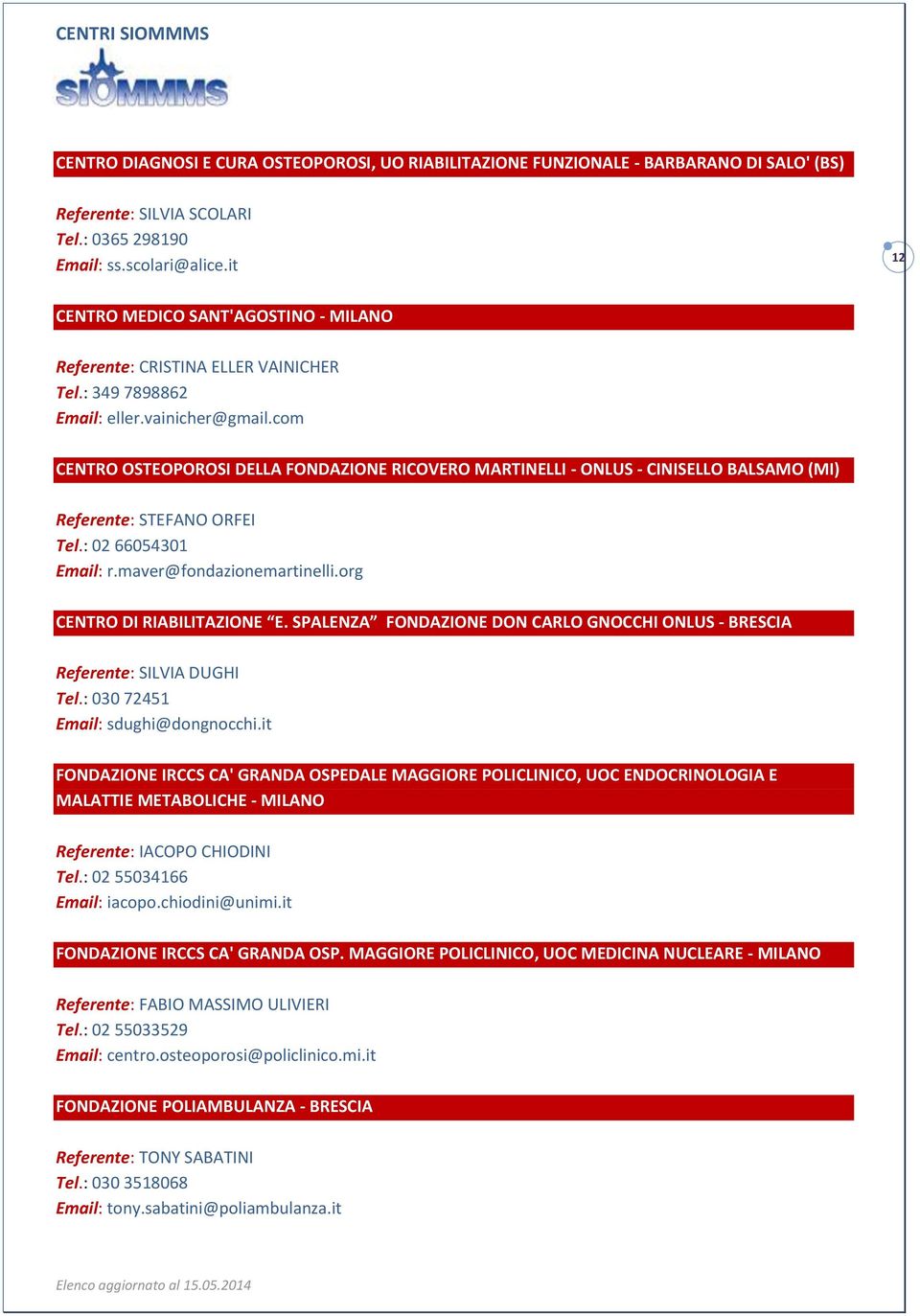 com CENTRO OSTEOPOROSI DELLA FONDAZIONE RICOVERO MARTINELLI - ONLUS - CINISELLO BALSAMO (MI) Referente: STEFANO ORFEI Tel.: 02 66054301 Email: r.maver@fondazionemartinelli.