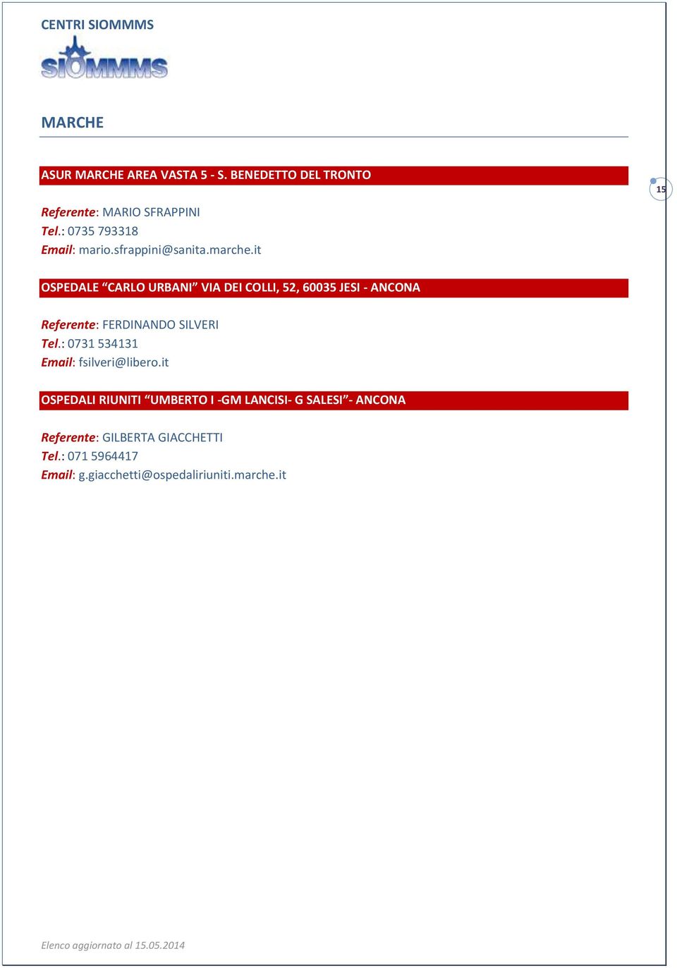it 15 OSPEDALE CARLO URBANI VIA DEI COLLI, 52, 60035 JESI - ANCONA Referente: FERDINANDO SILVERI Tel.