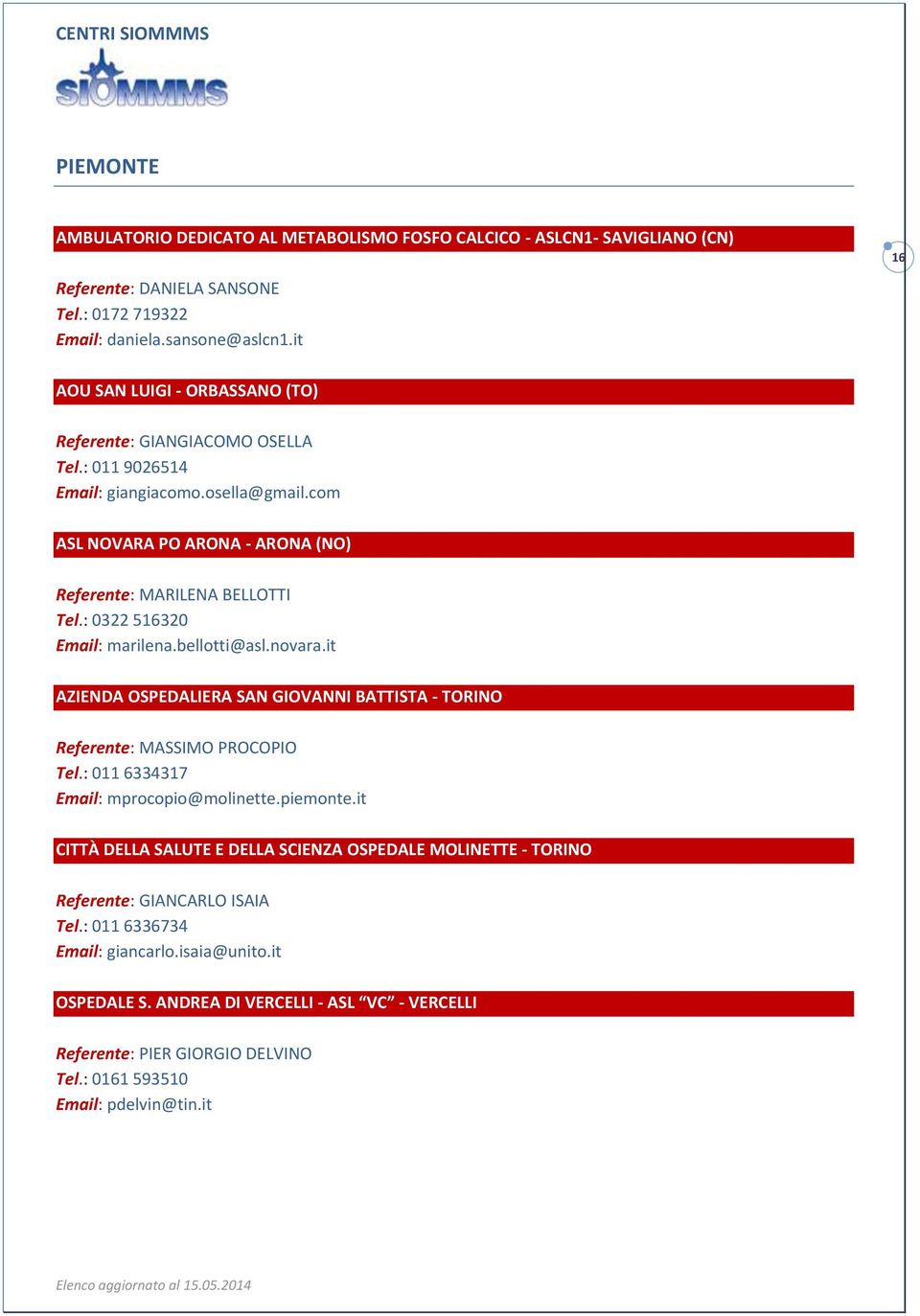 : 0322 516320 Email: marilena.bellotti@asl.novara.it AZIENDA OSPEDALIERA SAN GIOVANNI BATTISTA - TORINO Referente: MASSIMO PROCOPIO Tel.: 011 6334317 Email: mprocopio@molinette.piemonte.