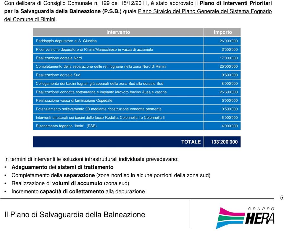 Giustina Riconversione depuratore di Rimini/Marecchiese in vasca di accumulo Realizzazione dorsale Nord Completamento della separazione delle reti fognarie nella zona Nord di Rimini Realizzazione