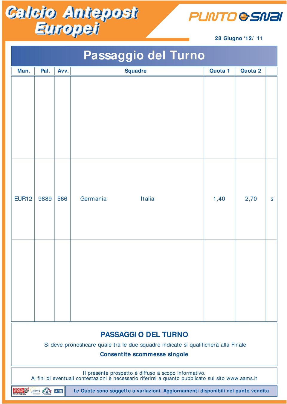 1,40 2,70 s PASSAGGIO DEL TURNO Si deve pronosticare