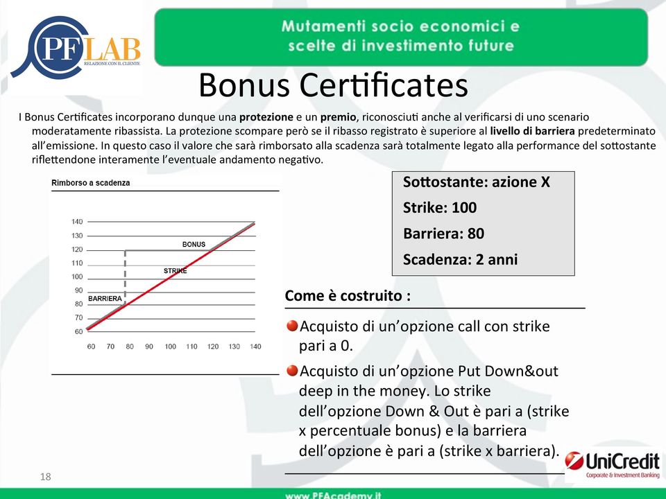 In questo caso il valore che sarà rimborsato alla scadenza sarà totalmente legato alla performance del sofostante riﬂefendone interamente l eventuale andamento nega9vo.